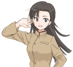 Rule 34 | 1girl, asymmetrical bangs, black eyes, black hair, brown jacket, chi-hatan school uniform, closed mouth, commentary, girls und panzer, hand in own hair, high collar, jacket, long hair, long sleeves, looking at viewer, mutsu (layergreen), nishi kinuyo, school uniform, simple background, smile, solo, standing, straight hair, upper body, white background, wind