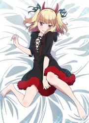 Rule 34 | 1girl, barefoot, bed sheet, between legs, black dress, black ribbon, blonde hair, breasts, brown eyes, bush, cleavage, collarbone, demon horns, dress, fake horns, fang, fang out, from above, full body, hair ribbon, hairband, hand between legs, horns, iijima yun, long hair, looking at viewer, lying, makicha (sasurainopink), new game!, on back, red hairband, ribbon, shiny skin, small breasts, solo, twintails, two side up