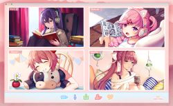 Rule 34 | 4girls, ^ ^, animal ear headphones, animal ears, bare legs, barefoot, black legwear, blush, book, book stack, bow, brown hair, chair, character name, closed eyes, closed mouth, commentary, curtains, day, doki doki literature club, drink, drinking straw, earbuds, earphones, english commentary, fake animal ears, fang, flower, frilled skirt, frills, green eyes, grin, hair between eyes, hair bow, hair ornament, hairclip, headphones, holding, holding book, holding drink, indoors, knees to chest, long hair, looking at viewer, manga (object), miniskirt, monika (doki doki literature club), multiple girls, natsuki (doki doki literature club), off-shoulder sweater, off shoulder, open mouth, panels, pantyhose, pillow, pink hair, pink shirt, pink skirt, plant, ponytail, potted plant, purple eyes, purple hair, reading, ribbed sweater, rug, satchely, sayori (doki doki literature club), screen, scrunchie, shirt, short hair, short twintails, sidelocks, sitting, skirt, smile, unworn socks, straight hair, stuffed animal, stuffed cow, stuffed toy, sunlight, sweater, t-shirt, turtleneck, turtleneck sweater, twintails, video call, white shirt, window, wireless earphones, wooden floor, yuri (doki doki literature club)