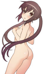 Rule 34 | 1girl, :o, ass, blush, brown eyes, brown hair, completely nude, flat chest, from behind, highres, hijiri rei, k-on!, looking at viewer, looking back, nakano azusa, nude, open mouth, simple background, solo, twintails, white background