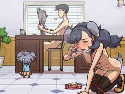 Rule 34 | 10s, 1boy, 1girl, age difference, all fours, anal tail, animal ears, bdsm, black hair, black thighhighs, blue eyes, blush, bowl, braid, breasts, breath, butt plug, chair, character name, closed eyes, clothed pokemon, collar, covering own eyes, creatures (company), cum, cum on food, desk, emma (pokemon), espurr, fake animal ears, fake tail, flaccid, flower pot, game freak, gen 6 pokemon, habatakuhituji, human dog, leash, long hair, looker (pokemon), male pubic hair, mary janes, miniskirt, navel, newspaper, nintendo, nipples, nude, open mouth, patch, paw pose, penis, pet bowl, pet food, pet play, plant, pleated skirt, pokemon, pokemon (creature), pokemon xy, potted plant, pubic hair, reading, role reversal, saliva, sex toy, shoes, sigh, sitting, skirt, small breasts, smile, sweat, tail, tears, thighhighs, tile floor, tiles, translated, uncensored, window, window blinds, yellow footwear