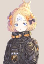 Rule 34 | 1girl, abigail williams (fate), abigail williams (traveling outfit) (fate), bad id, bad pixiv id, black bow, black jacket, blonde hair, blue eyes, bow, brown background, chun sam, commentary, crossed bandaids, fate/grand order, fate (series), hair bow, hair bun, heroic spirit traveling outfit, highres, jacket, long hair, long sleeves, looking at viewer, multiple hair bows, official alternate costume, orange bow, parted bangs, parted lips, polka dot, polka dot bow, simple background, single hair bun, sleeves past fingers, sleeves past wrists, solo, star (symbol), upper body