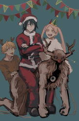 Rule 34 | 1girl, 1other, 2boys, all fours, animal costume, antlers, belt, black hair, blonde hair, bored, brown shirt, carrying, chainsaw man, christmas, coat, cross-shaped pupils, crossed arms, cyclops, denji (chainsaw man), fake antlers, future devil (chainsaw man), hair ornament, hairclip, hat, hayakawa aki, highres, horns, jacket, long hair, looking at viewer, medium hair, multiple boys, nakano (2 mannaka), one-eyed, pants, party hat, piggyback, pink hair, power (chainsaw man), red headwear, red horns, red jacket, red nose, red pants, reindeer antlers, reindeer costume, santa costume, santa hat, sharp teeth, shirt, short hair, sitting, sitting on person, symbol-shaped pupils, teeth, tongue, tongue out, twintails, white coat, yellow eyes