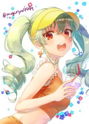 Rule 34 | 1girl, :d, anchovy (girls und panzer), bad id, bad twitter id, casual, commentary, crop top, cup, disposable cup, drill hair, drinking straw, earrings, frilled shirt, frills, girls und panzer, green hair, hair ribbon, hat, holding, holding cup, jewelry, leaning forward, long hair, looking at viewer, macho ojiji, midriff, open mouth, orange shirt, red eyes, ribbon, shirt, smile, solo, star (symbol), star earrings, twin drills, twintails, twitter username, upper body, visor cap, yellow hat