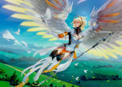 Rule 34 | 1girl, adapted costume, alternate wings, angel wings, armor, artist name, bird, blonde hair, blue eyes, blue sky, bodysuit, breasts, brown thighhighs, cleavage, commentary, day, dove, faulds, feathered wings, feathers, flying, full body, glowing, glowing wings, greaves, hair tie, halo, high ponytail, hill, holding, holding staff, landscape, large breasts, long hair, looking at another, mechanical halo, mercy (overwatch), mountain, nose, oliver wetter, outdoors, outstretched arm, overwatch, overwatch 1, pelvic curtain, pink lips, signature, sky, solo, spread wings, staff, thighhighs, white bodysuit, white feathers, wings, yellow wings