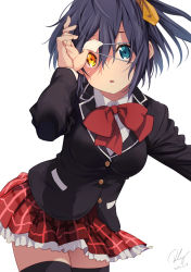 Rule 34 | 1girl, ahoge, black hair, black thighhighs, blazer, blue eyes, blush, chuunibyou demo koi ga shitai!, commentary request, cowboy shot, dated, eyepatch, eyepatch lift, frilled skirt, frills, glowing, glowing eye, heterochromia, highres, jacket, looking at viewer, one side up, plaid, plaid skirt, re lucy, removing eyepatch, resolution mismatch, school uniform, short hair, signature, simple background, skirt, solo, source larger, takanashi rikka, thighhighs, white background, yellow eyes