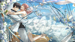 Rule 34 | 1boy, 1girl, :d, anklet, artist request, bare arms, bare legs, bare shoulders, barefoot, bird, black hair, black shirt, blue ribbon, blue sky, blurry, blurry background, boat, bouquet, bracelet, braid, bridal veil, brown hair, closed eyes, cloud, collared shirt, copyright name, cowboy shot, depth of field, dock, dress, falling petals, flower, french braid, from side, full body, glomp, grin, hair flower, hair ornament, harbor, high-low skirt, highres, holding, holding bouquet, hug, jacket, jewelry, layered dress, leaf, light and night love, lighthouse, long dress, medium hair, official art, open mouth, outdoors, pants, petals, profile, protagonist (light and night love), ribbon, ring, sailboat, seagull, shirt, short hair, sky, smile, strapless, strapless dress, teeth, upper teeth only, veil, watch, watercraft, wedding, wedding dress, wedding ring, white dress, white flower, white jacket, white pants, xiao yi (light and night love)