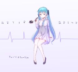 Rule 34 | 1girl, alternate costume, aqua eyes, aqua hair, bare legs, beamed quavers, dress, grey background, hair ribbon, harusawa, hatsune miku, long hair, long sleeves, marker, musical note, quaver, quaver rest, ribbon, simple background, sitting, solo, translation request, twintails, vocaloid, white dress