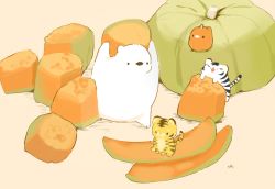 Rule 34 | bear, bird, chai (drawingchisanne), closed eyes, food, food focus, fruit, gourd, highres, melon, meowing, mike (drawingchisanne), no humans, open mouth, original, pink background, pumpkin, simple background, tama (drawingchisanne), tiger