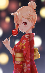 Rule 34 | 10s, 1girl, alternate costume, alternate hairstyle, apple, arm at side, blonde hair, blurry, candy apple, depth of field, floral print, folded ponytail, food, from side, fruit, hair between eyes, hair flaps, hair up, highres, japanese clothes, kantai collection, kimono, lips, looking at viewer, obi, parted lips, red kimono, sash, solo, upper body, yasuto (eria151), yukata, yuudachi (kancolle), yuudachi kai ni (kancolle)
