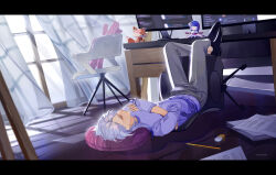 Rule 34 | 1boy, absurdres, alternate costume, artist name, black footwear, blue hair, blurry, chair, character doll, closed eyes, commentary, contemporary, crossed ankles, crossed arms, curtains, depth of field, desk, discord, english commentary, eraser, genshin impact, grey pants, highres, indoors, kamisato ayato, letterboxed, long sleeves, lying, male focus, medium hair, monitor, neirdr1, no socks, office chair, on back, on chair, pants, paper, pencil, pillow, purple sweater, raiden shogun, shoes, sleeping, solo, sunlight, sweater, swivel chair, wind, window, wooden floor, yae miko, yae miko (fox)
