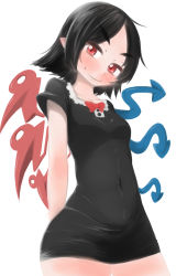 1girl arms_behind_back asymmetrical_wings black_dress black_hair blush breasts collarbone covered_navel dress female_focus highres houjuu_nue microdress pointy_ears red_eyes simple_background skin_tight small_breasts smile solo takeu thick_eyebrows touhou wide_hips wings