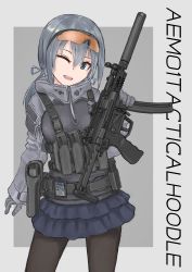 Rule 34 | absurdres, ammunition pouch, blue eyes, d-sawa613, gloves, grey hair, gun, h&amp;k mp5, h&amp;k mp5k, handgun, heckler &amp; koch, highres, holding, holding weapon, hood, hoodie, looking at viewer, one eye closed, open mouth, original, police, pouch, safety glasses, skirt, smile, submachine gun, suppressor, weapon