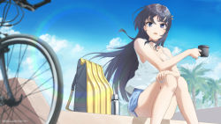 Rule 34 | 1girl, absurdres, bare legs, bicycle, black hair, blue nails, blue sky, breasts, camisole, cleavage, cloud, collarbone, cup, hair ornament, hairpin, highres, long hair, looking at viewer, medium breasts, nail polish, outdoors, parted lips, purple eyes, raiz art works, sakurajima mai, seishun buta yarou, shorts, sitting, sky, solo, spaghetti strap, vest, white vest