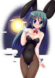 Rule 34 | 00s, 1girl, animal ears, black leotard, blue eyes, blush, bowtie, breasts, cleavage, collarbone, detached collar, embarrassed, fake animal ears, glasses, green hair, hand on own chest, hayate no gotoku!, highres, hoppege, kijima saki, large breasts, leotard, looking at viewer, pantyhose, playboy bunny, rabbit ears, red bow, red bowtie, solo, standing, wrist cuffs