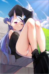 Rule 34 | 1girl, ;), arm up, ass, black footwear, black hair, closed mouth, commentary request, day, eyebrows hidden by hair, fang, fang out, hair bun, highres, horns, knees up, long hair, long sleeves, mole, mole under eye, multicolored hair, nijisanji, one eye closed, oni, outdoors, panties, platform footwear, pointy ears, purple eyes, purple hair, rindou mikoto, short eyebrows, single hair bun, sitting, skin-covered horns, sleeves past fingers, sleeves past wrists, smile, solo, stairs, stone stairs, streaked hair, swept bangs, thick eyebrows, underwear, virtual youtuber, white panties, wo chi xiangjiao pi