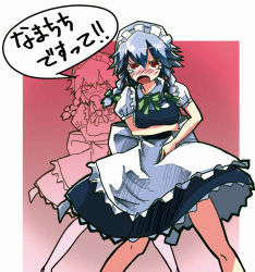 Rule 34 | 1girl, apron, bad id, bad pixiv id, blush, braid, breasts, dress, female focus, gradient background, izayoi sakuya, maid, maid apron, partially colored, ribbon, short hair, solo, tears, tmg, touhou, translated, twin braids, twintails, white background