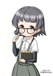 Rule 34 | 1girl, arare (kancolle), arm warmers, bespectacled, black hair, book, brown eyes, cowboy shot, dated, glasses, grey skirt, kantai collection, looking at viewer, masara (chuujou), pleated skirt, shirt, short hair, short sleeves, simple background, skirt, solo, suspenders, twitter username, white background, white shirt