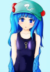 Rule 34 | 1girl, alternate hairstyle, bad id, bad pixiv id, bare shoulders, blue background, blue eyes, blue hair, blush, blush stickers, breasts, collarbone, covered navel, hair bobbles, hair ornament, hat, kawashiro nitori, long hair, matching hair/eyes, one-piece swimsuit, open clothes, open mouth, open shirt, school swimsuit, shiny clothes, shirt, short twintails, simple background, small breasts, solo, swimsuit, swimsuit under clothes, touhou, twintails, two side up