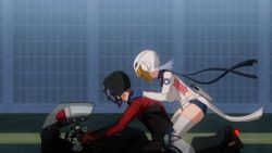 Rule 34 | 1boy, 1girl, animated, animated gif, ass, breasts, gloves, helmet, kiba mikoto, large breasts, motor vehicle, motorcycle, shorts, triage x