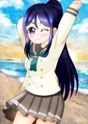 Rule 34 | 1girl, arm behind back, arm behind head, arm up, artist name, artist request, beach, blue hair, blue sky, blush, breasts, buttons, clenched hand, cloud, day, female focus, fireworks, green neckerchief, grey sailor collar, grey skirt, hair between eyes, hand up, high ponytail, highres, long hair, looking at viewer, love live!, love live! sunshine!!, matsuura kanan, miniskirt, nana (nanacafe22), nanacafe22, neckerchief, ninoninorin, ocean, one eye closed, outdoors, parted lips, plaid, plaid skirt, pleated skirt, ponytail, purple eyes, sailor collar, school uniform, shirt, skirt, sky, small breasts, smile, solo, uranohoshi school uniform, white shirt