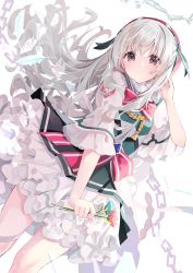 Rule 34 | 1girl, absurdres, adjusting hair, arcaea, blue flower, bow, bowtie, chain, cowboy shot, dress, feathers, flower, frilled dress, frills, grey eyes, hair between eyes, hair ornament, highres, hikari (arcaea), holding, holding flower, long hair, long sleeves, looking at viewer, multicolored clothes, multicolored dress, pink bow, pink flower, samayoi, silver hair, simple background, smile, solo, very long hair, white background
