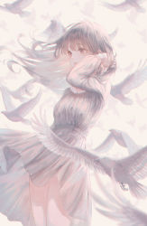 Rule 34 | 1girl, bare legs, bird, blurry, blurry background, blurry foreground, breasts, cowboy shot, depth of field, dove, dress, grey eyes, hand in own hair, highres, jwkjwk0101, long hair, long sleeves, medium breasts, original, parted lips, pleated dress, silver hair, solo, white bird, white dress, wind, wind lift