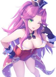 Rule 34 | 1girl, akanbe, angela (seiken densetsu 3), bare shoulders, black gloves, black hat, boots, breasts, cleavage, colored eyelashes, eyelid pull, gloves, goribote, green eyes, hat, large breasts, leotard, long hair, looking at viewer, one eye closed, pointy ears, purple hair, red leotard, seiken densetsu, seiken densetsu 3, simple background, solo, standing, tongue, tongue out, white background