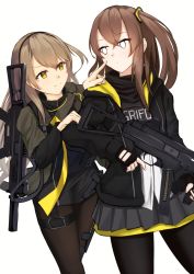 Rule 34 | 2girls, black jacket, black legwear, black scarf, brown hair, camouflage, camouflage jacket, closed mouth, girls&#039; frontline, grey skirt, gun, gun on back, h&amp;k ump, hairband, highres, holding, holding weapon, jacket, light brown hair, lodbyy, long hair, looking at another, multiple girls, open clothes, open jacket, pantyhose, gun on back, scarf, side ponytail, skirt, smile, standing, submachine gun, ump40 (girls&#039; frontline), ump45 (girls&#039; frontline), weapon, weapon on back, white background, white eyes, yellow eyes