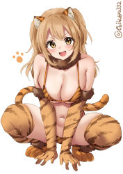 Rule 34 | 1girl, alternate costume, animal print, blush, bra, breasts, brown eyes, ebifurya, elbow gloves, full body, gloves, hair between eyes, hairband, highres, i-26 (kancolle), kantai collection, large breasts, light brown hair, long hair, looking at viewer, one-hour drawing challenge, panties, print bra, simple background, solo, thighhighs, tiger panties, tiger print, tiger stripes, twitter username, two side up, underwear, white background, yellow bra, yellow gloves, yellow panties, yellow thighhighs