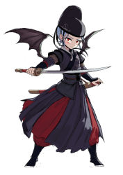 Rule 34 | 1girl, alternate costume, bat wings, black hat, blue hair, chin strap, chinese clothes, fkey, full body, futou, hat, highres, holding, holding sword, holding weapon, red eyes, remilia scarlet, scabbard, sheath, simple background, solo, standing, sword, touhou, unsheathed, vambraces, weapon, white background, wings