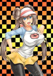 Rule 34 | 10s, 1girl, artist name, blue eyes, breasts, brown hair, checkered background, collarbone, creatures (company), double bun, female focus, game freak, gradient background, hair bun, hand on own chest, hand on own hip, large breasts, long hair, looking at viewer, nintendo, open mouth, pantyhose, pantyhose under shorts, poke ball print, pokemon, pokemon bw2, raglan sleeves, rosa (pokemon), shorts, smile, solo, standing, takecha, traditional media, twintails, visor cap