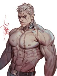 Rule 34 | 1boy, bara, bare pectorals, belt, bryan fury, grey eyes, grey hair, highres, looking at viewer, male focus, navel, nipples, pectorals, scar, scar on chest, scar on face, short hair, signature, simple background, solo, stomach, tattoo, tekken, topless male, upper body, v-shaped eyebrows, white background, yi lee