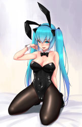 Rule 34 | 1girl, :d, animal ears, arm behind back, arm up, bare arms, bare shoulders, bed sheet, black bow, black bowtie, black footwear, black hairband, black leotard, black pantyhose, blue eyes, blue hair, blush, bow, bowtie, breasts, cleavage, cloel, collarbone, commentary request, covered navel, detached collar, fake animal ears, foreshortening, full body, gradient background, hair bow, hairband, hatsune miku, highres, kneeling, leotard, long hair, looking at viewer, medium breasts, open mouth, pantyhose, playboy bunny, rabbit ears, shoes, skin tight, smile, solo, strapless, strapless leotard, twintails, very long hair, vocaloid, wrist cuffs