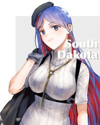 Rule 34 | 1girl, beret, black hat, blue eyes, blue hair, breasts, character name, gloves, hat, highres, holding, holding clothes, holding jacket, jacket, kantai collection, large breasts, lips, long hair, looking at viewer, multicolored hair, nidou, red hair, ribbed sweater, short sleeves, simple background, solo, south dakota (kancolle), star (symbol), sweater, turtleneck, turtleneck sweater, two-tone background, white hair, white sweater