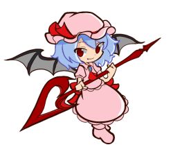 Rule 34 | 1girl, ascot, bat wings, black wings, blue hair, closed mouth, fang, full body, hat, hat ribbon, holding, holding weapon, looking at viewer, mob cap, pink footwear, pink hat, pink shirt, pink skirt, puyopuyo, red ascot, red eyes, red ribbon, remilia scarlet, ribbon, shinmon akika, shirt, short hair, short sleeves, simple background, skirt, smile, solo, spear the gungnir, tongue, tongue out, touhou, weapon, white background, wings