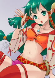 Rule 34 | 1girl, artist name, bis toratora, breasts, dated, feena (grandia), grandia, grandia i, green eyes, green hair, hair ornament, hair tubes, jewelry, long hair, looking at viewer, low-tied long hair, medium breasts, midriff, navel, necklace, open mouth, signature, simple background, skirt, solo, thighhighs, wide sleeves