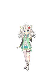 Rule 34 | 1girl, ahoge, arm warmers, asa no ha (awayuki), bare shoulders, blue eyes, blush, elf, flower, full body, grey hair, grey thighhighs, hair flower, hair ornament, hand up, highres, long hair, looking at viewer, parted bangs, pointy ears, simple background, single thighhigh, sketch, solo, standing, thigh strap, thighhighs, two side up, white background, white hair