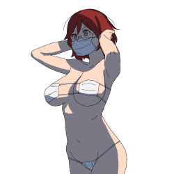 Rule 34 | 1girl, adjusting hair, armpits, arms behind head, arms up, breasts, brown hair, cowboy shot, glasses, green eyes, highres, large breasts, mask, mask bikini, mask on breasts, mouth mask, navel, onsen tamago (hs egg), original, shadow, short hair, solo, surgical mask, white background