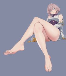 Rule 34 | 1girl, absurdres, bare legs, bare shoulders, barefoot, blue background, blue eyes, crossed legs, feet, foot focus, foreshortening, full body, gridman universe, highres, invisible chair, legs, light brown hair, looking at viewer, medium hair, mujina, simple background, sitting, solo, ssss.dynazenon, toes, yd (orange maru)