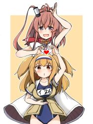 Rule 34 | 10s, 2girls, arm up, atsushi (aaa-bbb), blush, breasts, brown eyes, brown hair, dress, hair between eyes, hairband, heart, heart hands, heart hands duo, i-26 (kancolle), kantai collection, large breasts, light brown hair, long hair, looking at viewer, multiple girls, neckerchief, one-piece swimsuit, open clothes, open mouth, ponytail, red neckerchief, saratoga (kancolle), school swimsuit, short sleeves, side ponytail, sidelocks, smile, sweatdrop, swimsuit, swimsuit under clothes, two-tone hairband, two side up, white dress