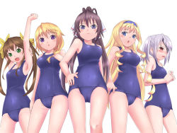 Rule 34 | 10s, 5girls, armpits, cecilia alcott, charlotte dunois, eyepatch, from below, highres, huang lingyin, infinite stratos, laura bodewig, long hair, multiple girls, one-piece swimsuit, ponytail, rumil, school swimsuit, shinonono houki, swimsuit, twintails