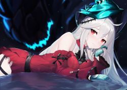 Rule 34 | 1girl, absurdres, arknights, bare shoulders, blue gloves, blue headwear, blush, commentary request, detached sleeves, dress, gloves, highres, long hair, long sleeves, looking at viewer, lying, on stomach, parted lips, red dress, red eyes, skadi&#039;s seaborn (arknights), skadi (arknights), skadi the corrupting heart (arknights), very long hair, white hair, yan kodiac