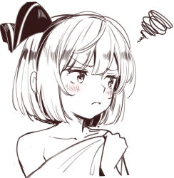 Rule 34 | 1girl, asutora, bare shoulders, blush, collarbone, covering privates, covering breasts, greyscale, hair ornament, hairband, hand up, konpaku youmu, looking away, looking to the side, monochrome, naked towel, short hair, solo, squiggle, touhou, towel, upper body
