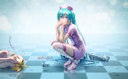 Rule 34 | 1boy, 1girl, aqua hair, aqua nails, blonde hair, blurry, blush, bokeh, buttons, checkered floor, covering face, covering privates, cross, crying, depth of field, dress, ear blush, enema, feet, femdom, fingernails, floor, frilled thighhighs, frills, full-face blush, gloves, hands on own face, hat, hatsune miku, head rest, high heels, highres, humiliation, kagamine len, kneeling, light smile, long hair, looking at viewer, lying, nail polish, nurse, nurse cap, on floor, on side, open shoes, red cross, ruined for marriage, sandals, shoes, short dress, single glove, smile, smirk, solo focus, speculum, squatting, syringe, thighhighs, toenail polish, toenails, toes, twintails, unworn gloves, very long hair, vocaloid, water, water drop, white thighhighs, wokada