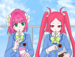 Rule 34 | 2girls, flower, green eyes, long hair, multiple girls, pink hair, pocky, ponytail, red eyes, red hair, ribbon, rommy, rubia natwick, school uniform, tales of (series), tales of the tempest, twintails