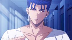Rule 34 | 1boy, akujiki59, alternate costume, blue hair, casual, collared shirt, contemporary, cu chulainn (fate), cu chulainn (fate/stay night), ear piercing, expressionless, fate/stay night, fate (series), from side, long hair, looking at viewer, male focus, official style, piercing, ponytail, shirt, solo, spiked hair, subtitled, translation request, v-neck, white shirt