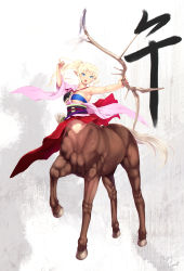 Rule 34 | 1girl, arrow (projectile), blonde hair, blue eyes, bow (weapon), breasts, cait aron, centaur, dated, highres, japanese clothes, kimono, large breasts, long hair, long sleeves, monster girl, muneate, off shoulder, open mouth, original, pointy ears, ponytail, quiver, signature, solo, taur, weapon