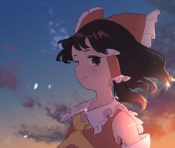 Rule 34 | 1girl, abukawa honpo, ascot, bare shoulders, black hair, blue sky, blush, bow, closed mouth, cloud, cloudy sky, collared dress, detached sleeves, dress, frills, gradient sky, grey eyes, hair ornament, hair tubes, hakurei reimu, highres, light, long sleeves, looking at viewer, orange sky, red bow, red dress, shadow, short hair, signature, sky, smile, solo, sunlight, sunset, touhou, upper body, wide sleeves, yellow ascot, yellow sky