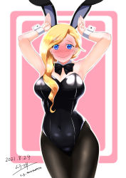 Rule 34 | 1girl, absurdres, animal ears, azur lane, black leotard, black pantyhose, blonde hair, blue eyes, blush, bow, bowtie, breasts, covered navel, cowboy shot, dated, detached collar, embarrassed, eyebrows, fake animal ears, hair over shoulder, hands up, highres, hood (azur lane), large breasts, leotard, long hair, looking at viewer, muramasa (eternal blade), pantyhose, pink background, playboy bunny, rabbit ears, rabbit pose, rabbit tail, signature, solo, strapless, strapless leotard, tail, twitter username, white background, wrist cuffs